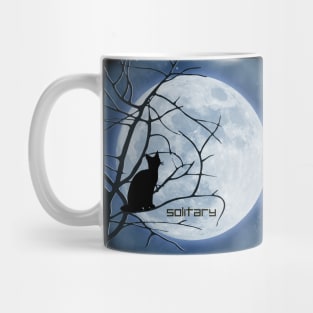 Solitary Black Cat Stares At A Full Moon Mug